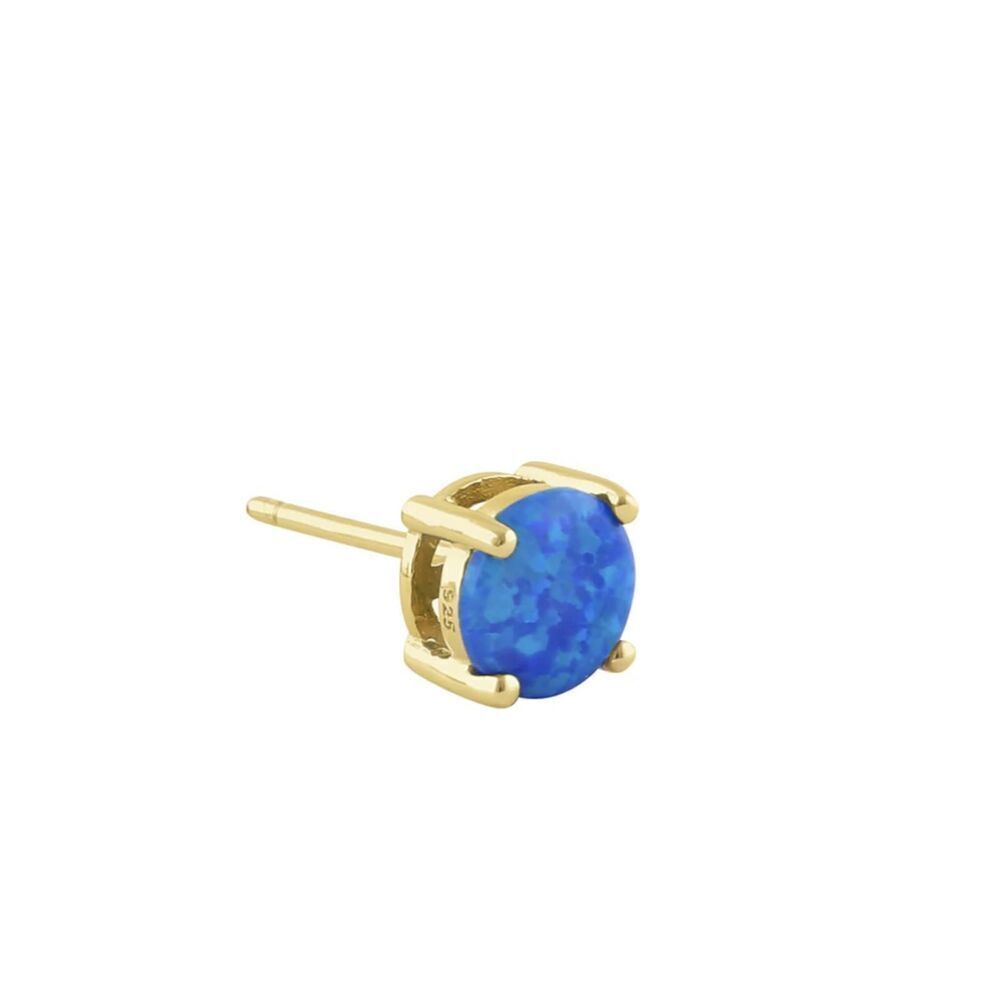 Blue Fire Opal Stud Earrings Gold Vermeil Round Solitaire October Birthstone New - Picture 3 of 5